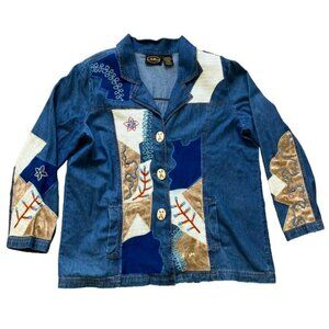 Allure Denim Chambray Patchwork Blazer Jacket Vintage Embellished Top